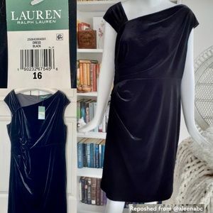 Ralph Lauren Velvet Black Dress, Ruched Bodice Cap Sleeve Asymmetrical Neckline